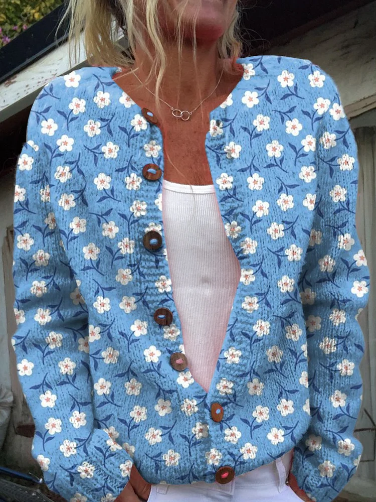 Lovely Blue Small Flowers Print Buttoned Cardigan Sweater
