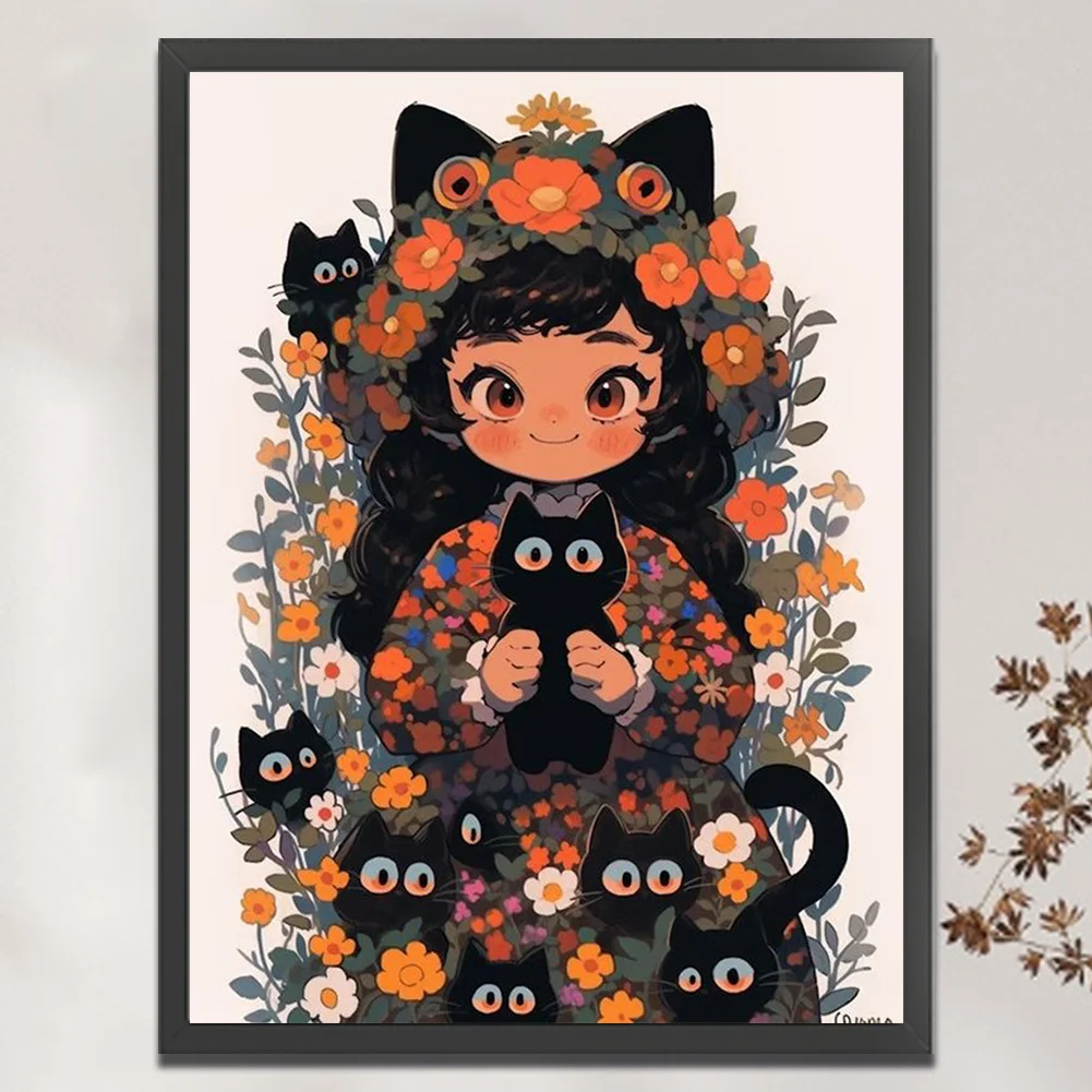 11CT Full Stamped Cross Stitch - Black Cat and Girl(Canvas|45*60CM)