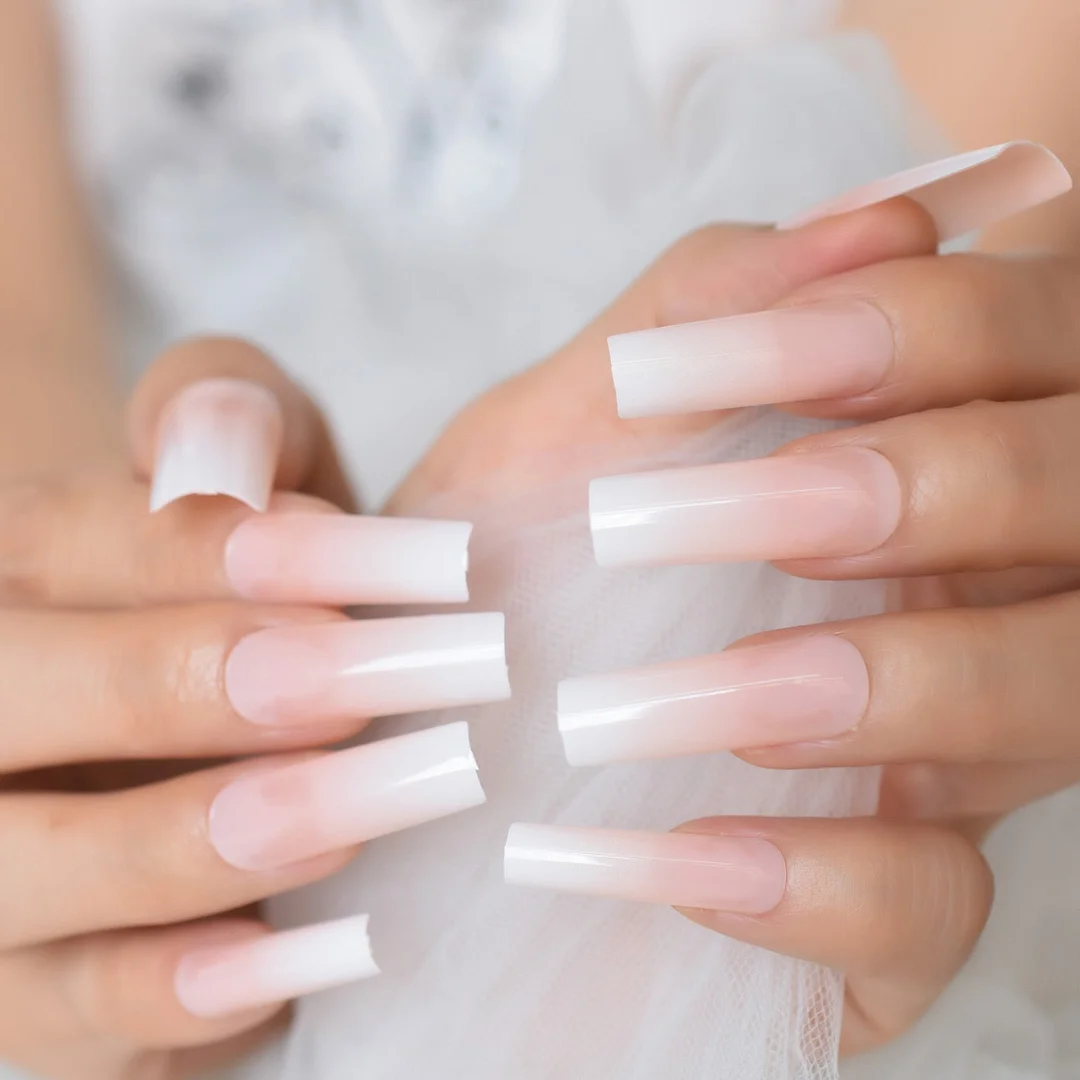 Square False Nails Nude Ombre Gradient French Tips Predesigned Press On Nails White Extra Long Natural Fingernails NOV