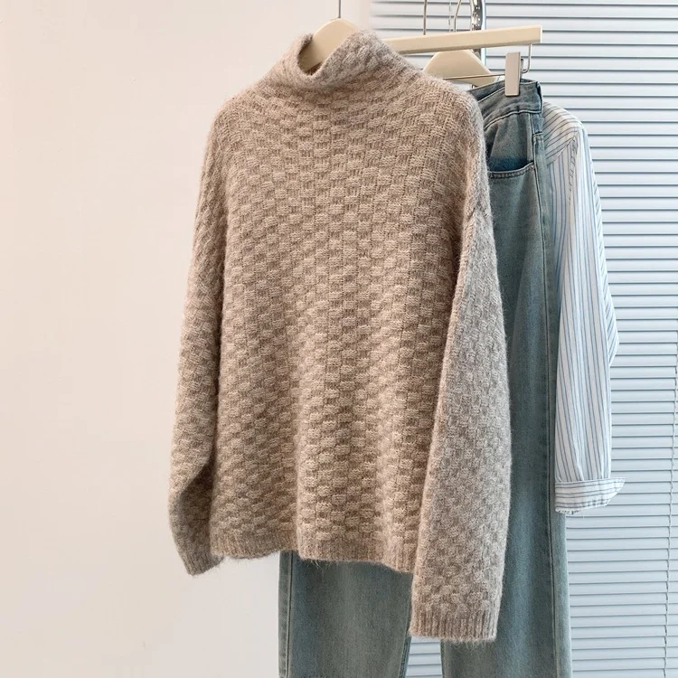 Athvotar Athvotar Women's Cotton Cashmere Lattice Half-High-Collar Sweater Korean Version Of The Student's Dress Dress Nice Hair Knitted Shirt