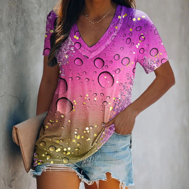 Gradient Color Sequins Water Drop Printed T-shirt