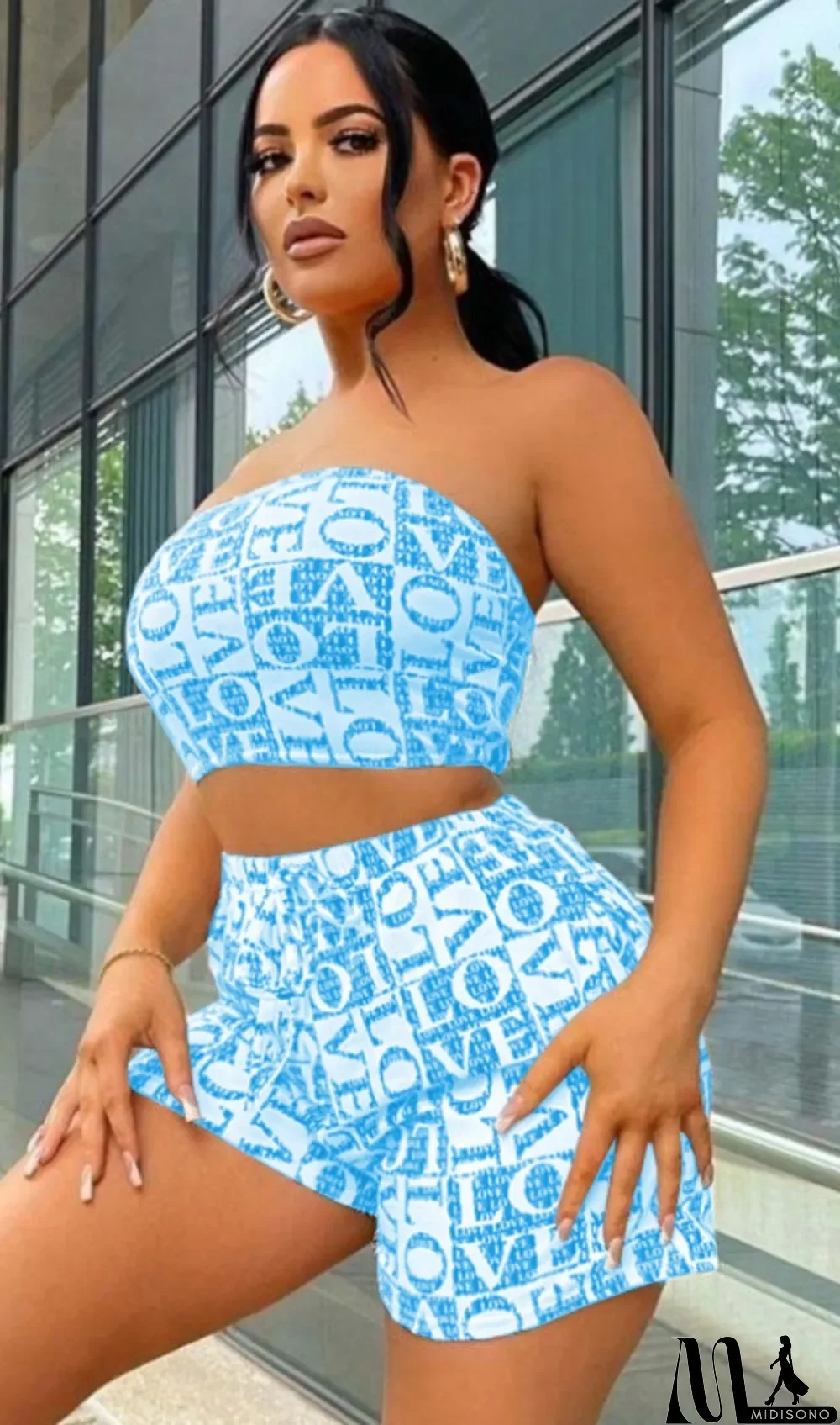 MidiSono - Summer Print Blue Strapless Crop Top and Shorts Set