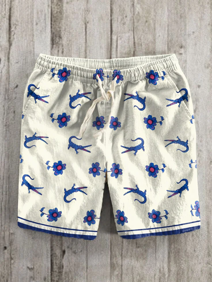 Men's Flowers And Crocodiles Art Print Casual Shorts