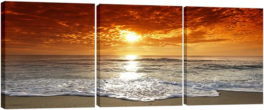 Pyradecor 3 Piece Giclee Canvas Prints Wall Art Grand Sight Sea Beach Landscape Pictures Paintings for Office Living Room Bedroom Home Decorations Modern Stretched and Framed Romance Seascape Artwork