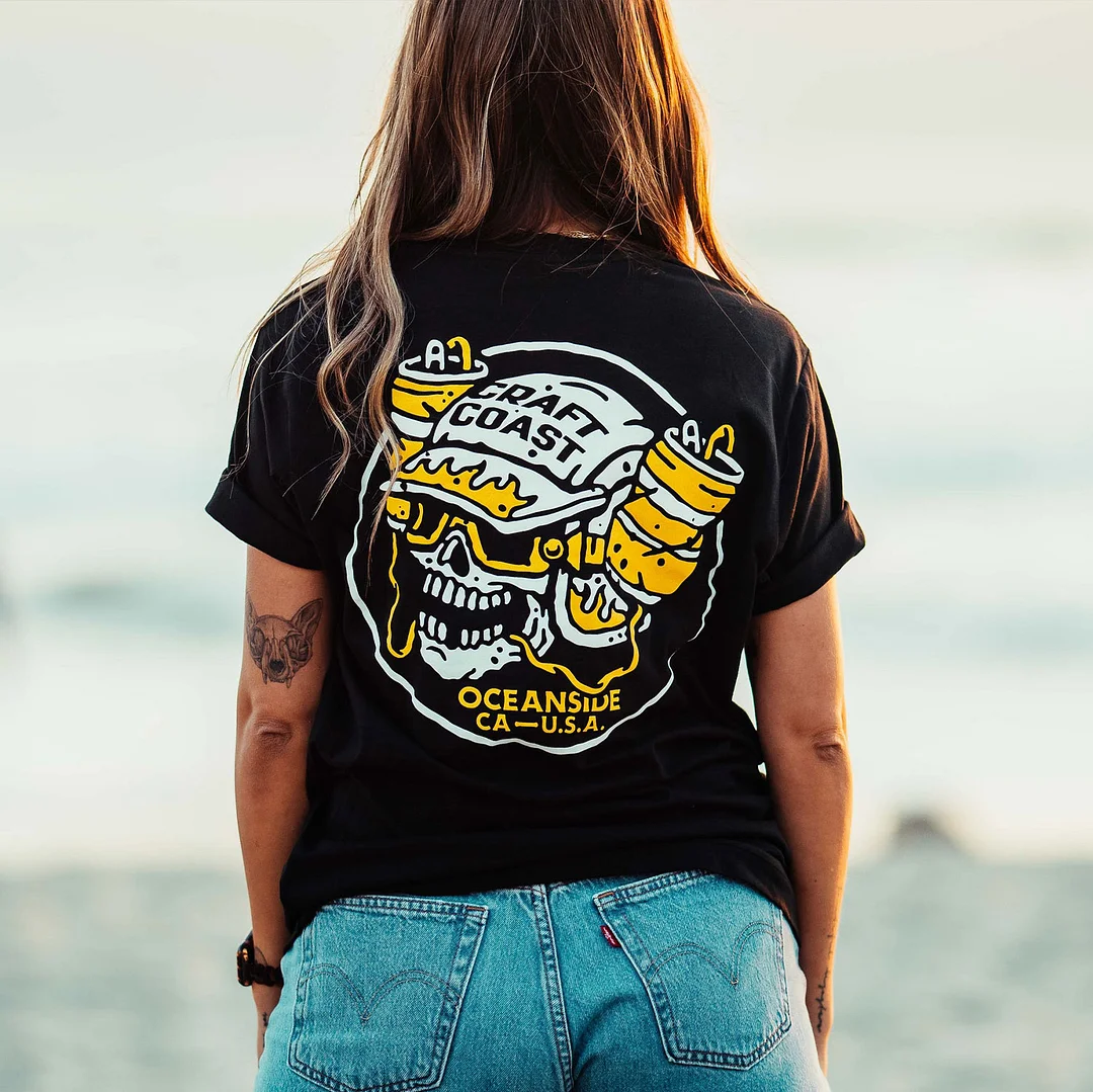 CRAFT COAST Skull with Drinking Helmet Casual  Black Print T-shirt