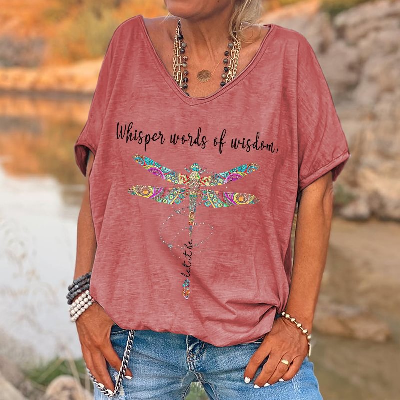 Whisper Words Of Wisdom Printed Colorful Dragonfly T-shirt
