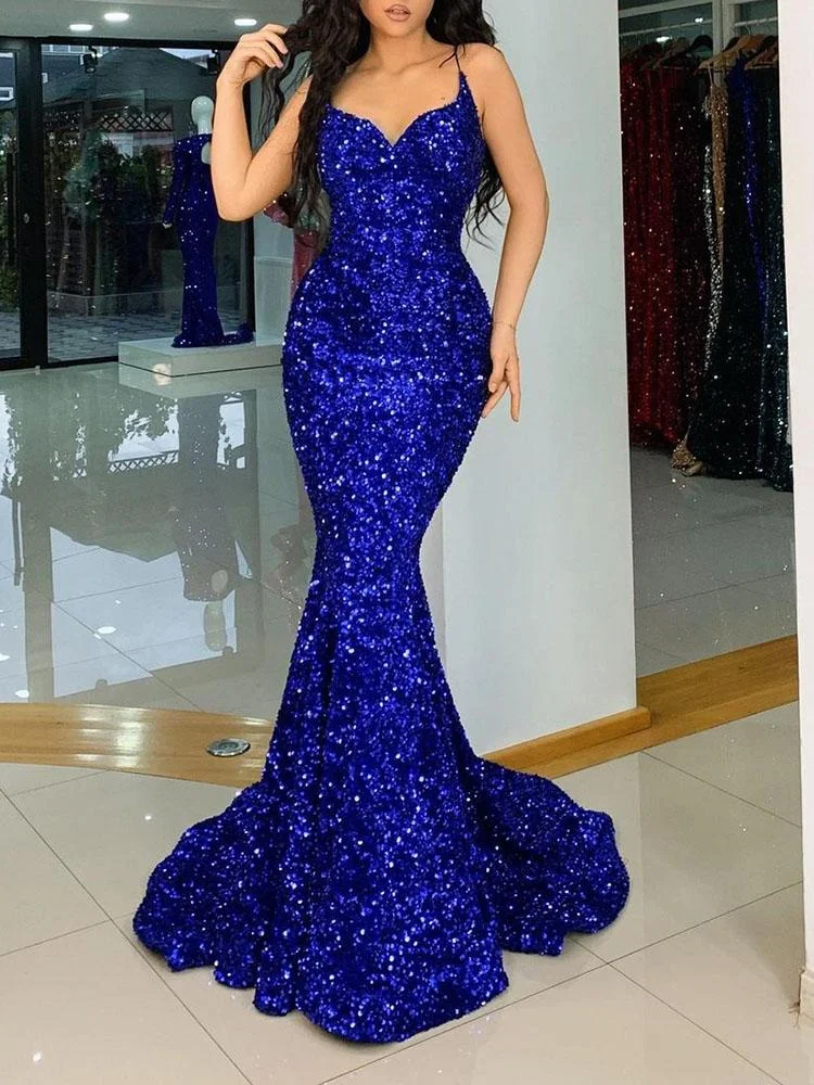 Promsstyle Gorgeous sequined spaghetti strap backless mermaid blue evening dress Prom Dress 2023