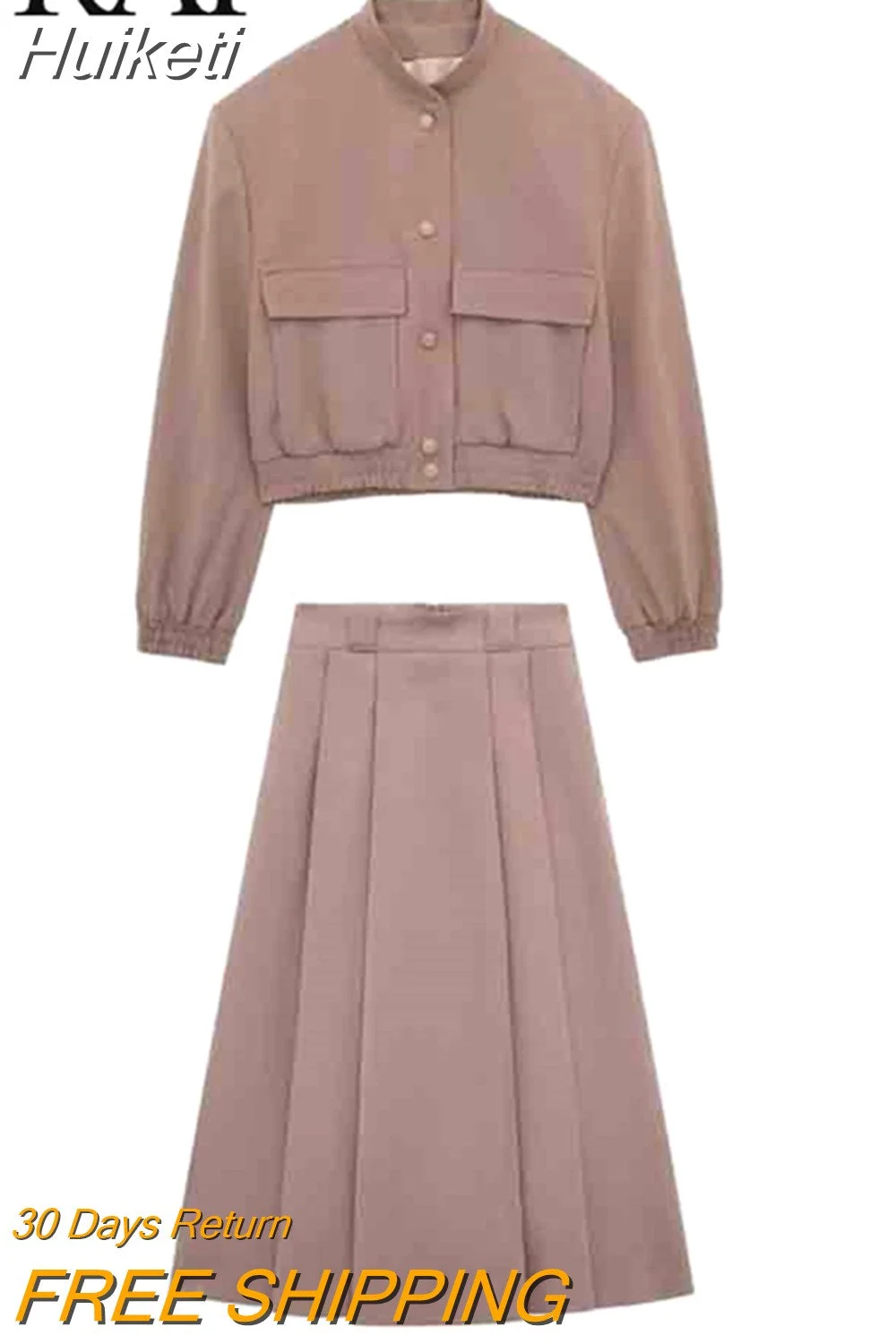 Huiketi 2023 Women Fashion With Pockets Cropped Bomber Jacket Coat+ Vintage Skirts Spring Woman Elegant Streetwear Skirts Suits