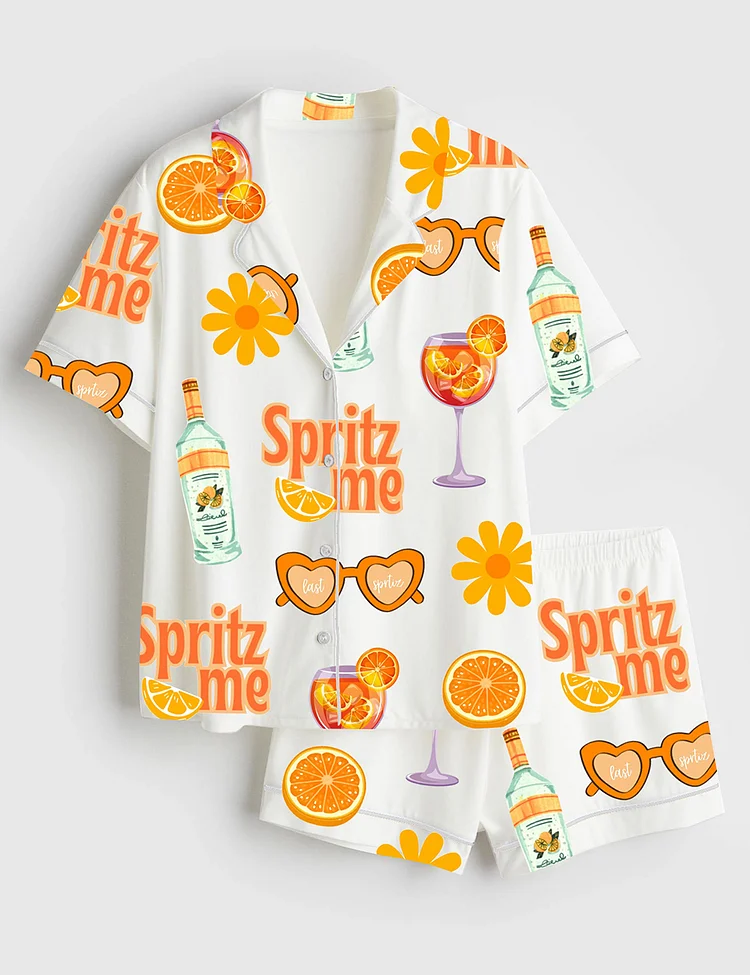 Women&rsquo;s Last Spritz As A Miss Aperol Spritz Bachelorette Spritz Me Orange Party Print Short Sleeve Satin Pajama Set