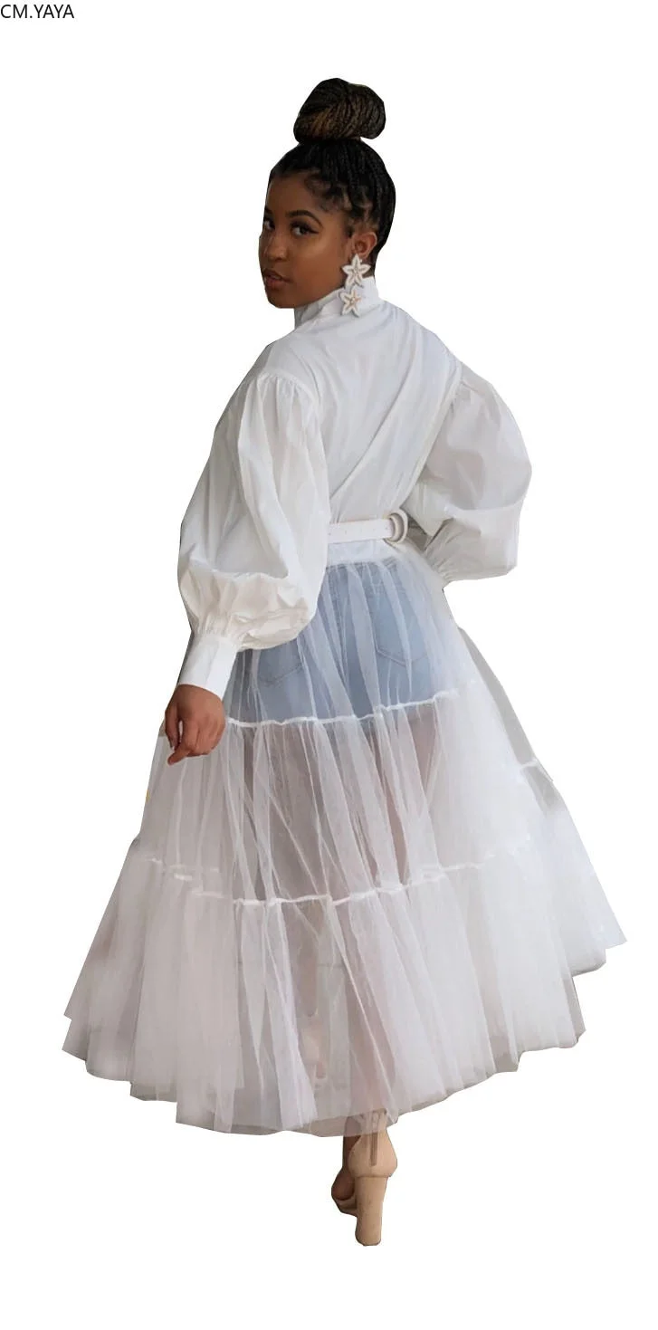 CM.YAYA Women Summer Long Sleeve Maxi Blouses Mesh Patchwork Long Dress Vintage Sexy Club Maxi Dresses