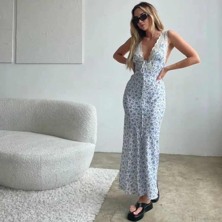 Y2K Lace Trim Long Vacation Dress
