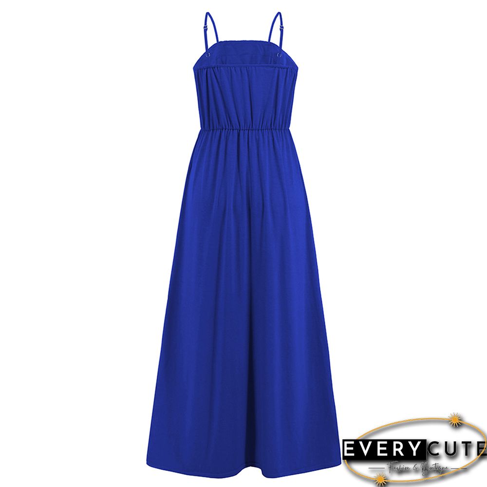 Blue Spliced Lace Trim Spaghetti Straps Dress
