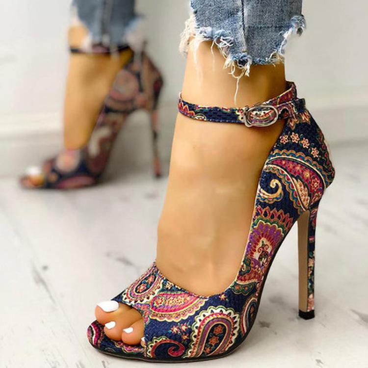Women's ethnic floral print sandals heels ankle buckle strap peep toe heels