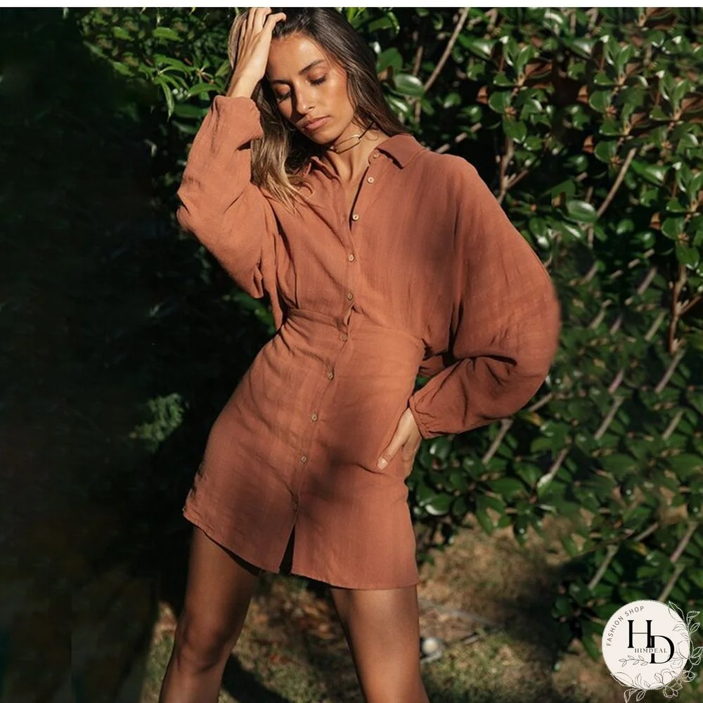 Autumn Winter Mini Shirt Dress Women's New Fashion Casual Solid Lantern Sleeve Turn-down Collar Button Beach Dresses For Femme
