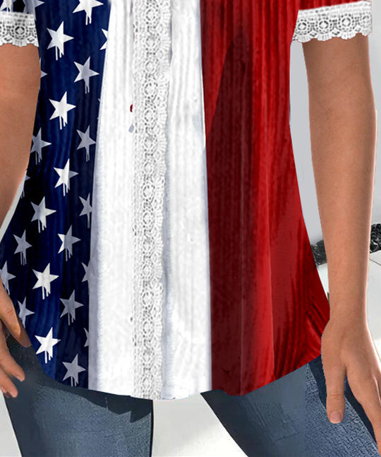 Women Short Sleeve V-neck National Flag Printed Printed Graphic Lace Tops