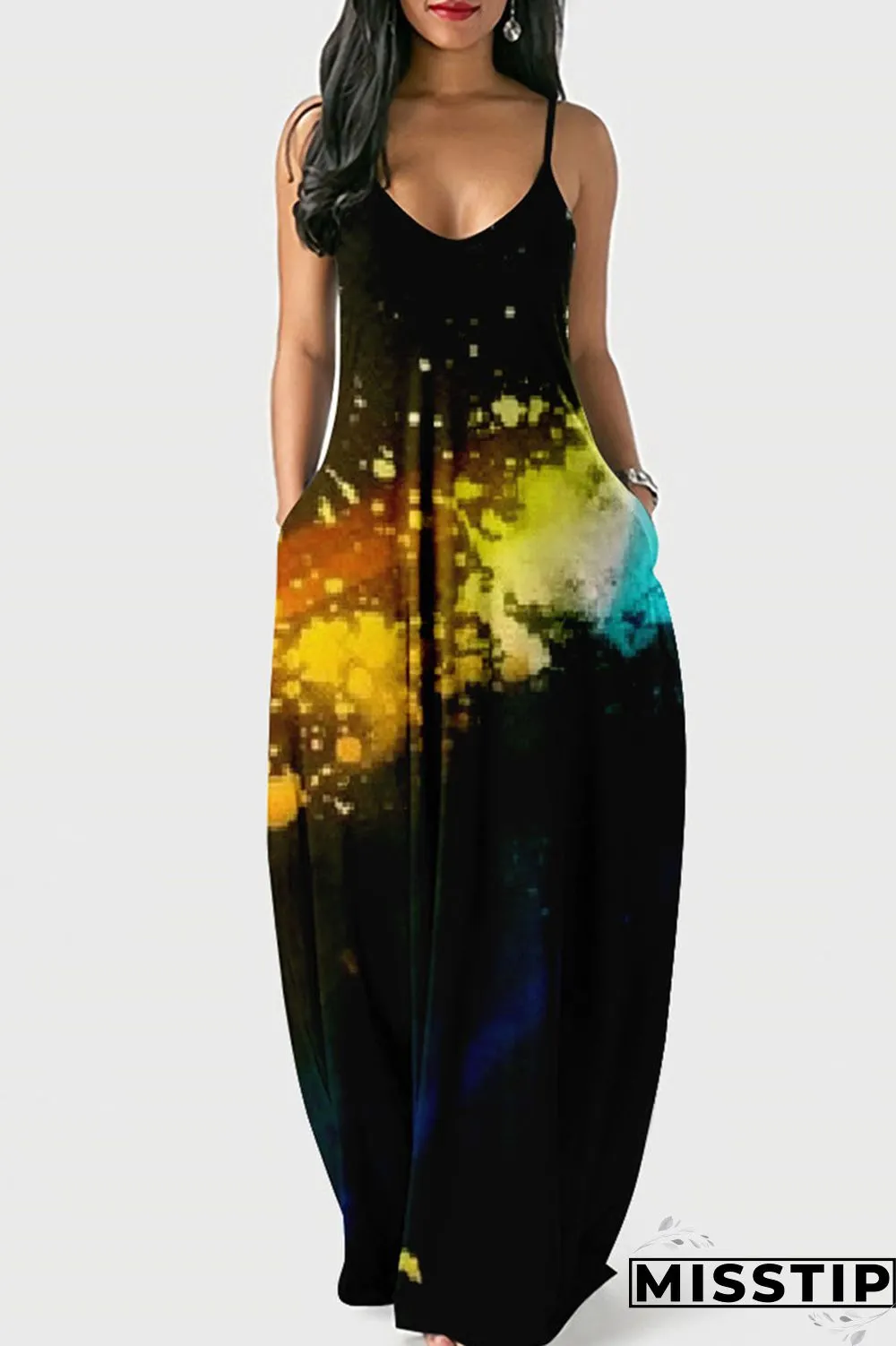 Red Street Print Patchwork Spaghetti Strap Lantern Dress Dresses