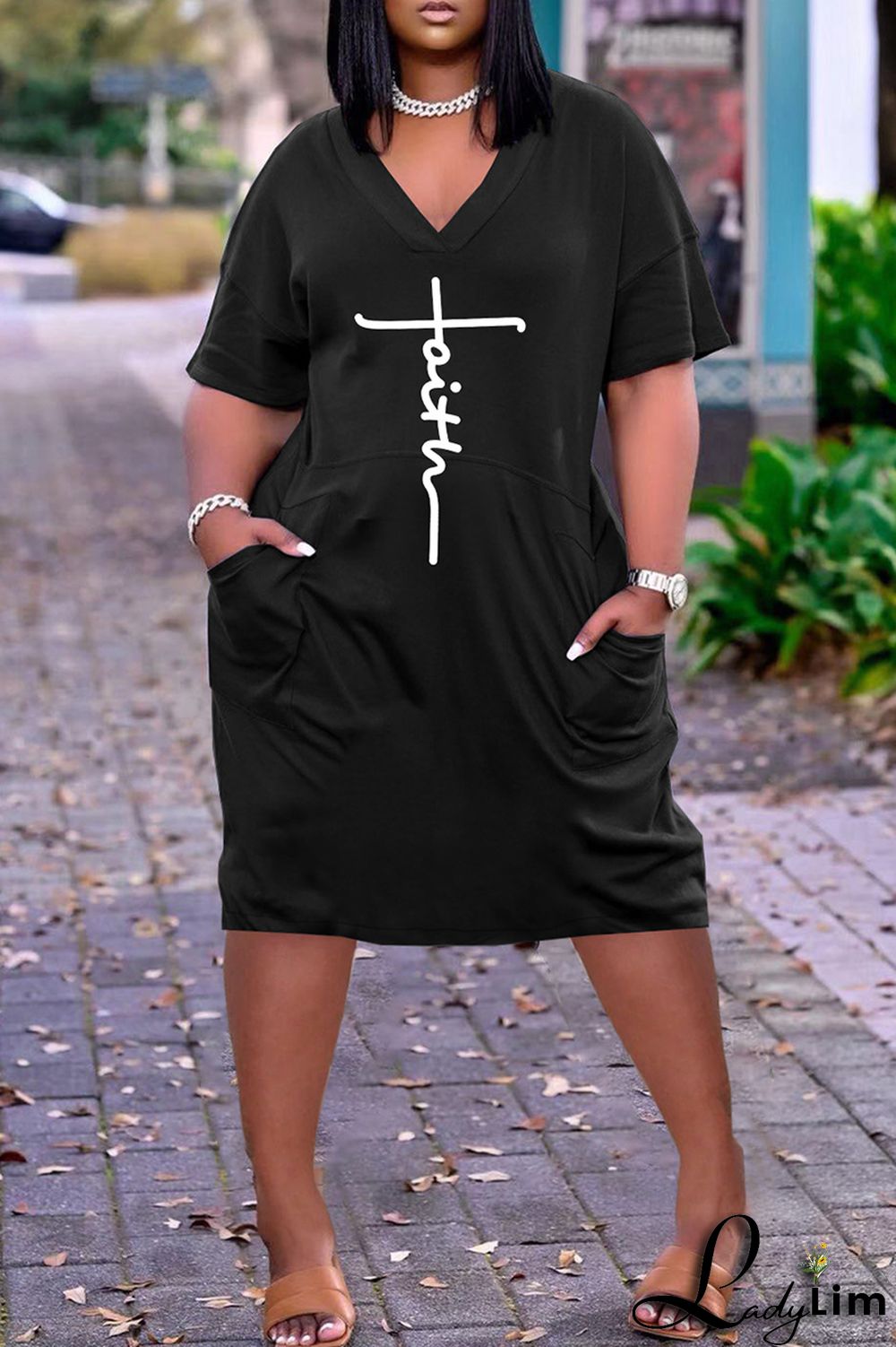 Red Fashion Casual Print Basic V Neck Short Sleeve Dress