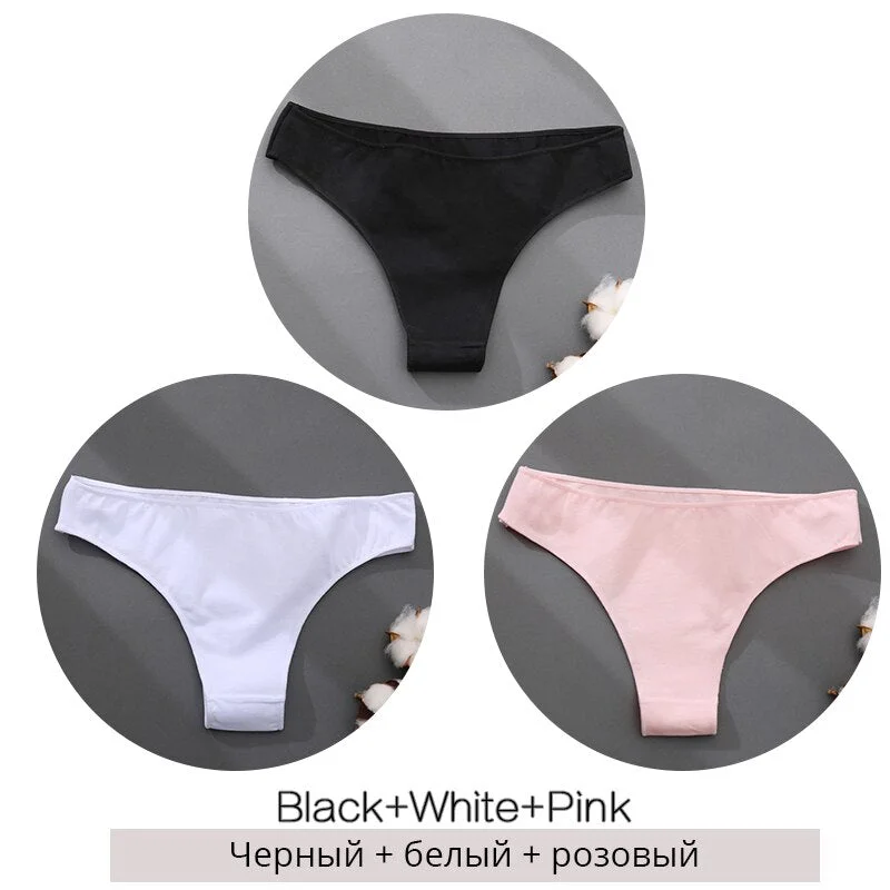 FINETOO 3Pcs/set Cotton Brazilian Panties M-2XL Women Underwear Ladies Soild Color T-back Underpants Sexy Low-rise Panty 2021