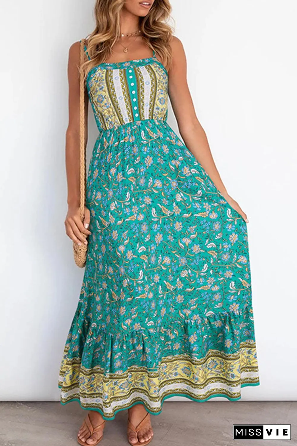 Fashion Elegant Print Split Joint Spaghetti Strap A Line Dresses