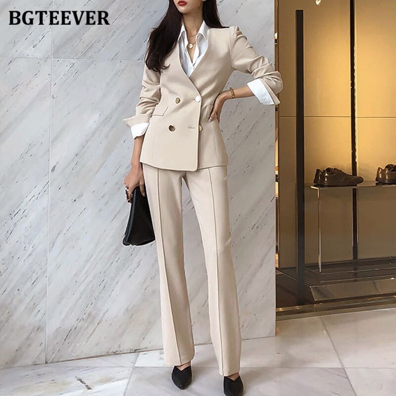 BGTEEVER Elegant Women Blazer Suit Autumn Office Ladies Pant Suits V-neck Belted Blazer & Suit Pants 2020 Work Wear Female Sets