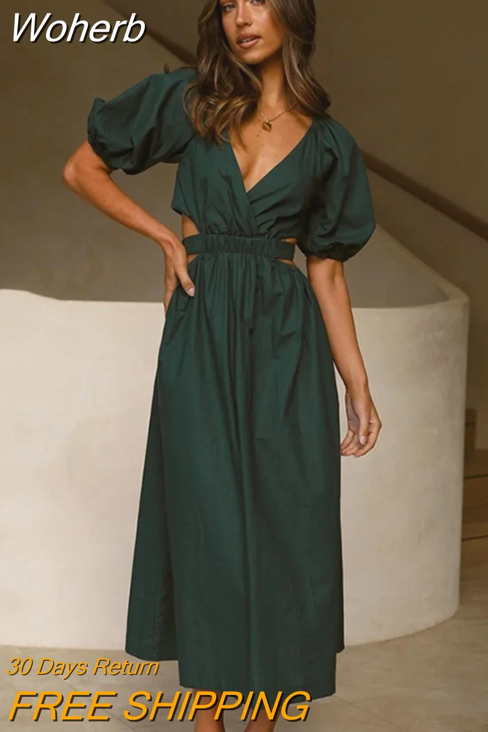Woherb Elegant Short Sleeve V Neck Green Summer Midi Dress For Women 2023 Hollow Out Buttons A-Line Holiday Beach Dress Vestido