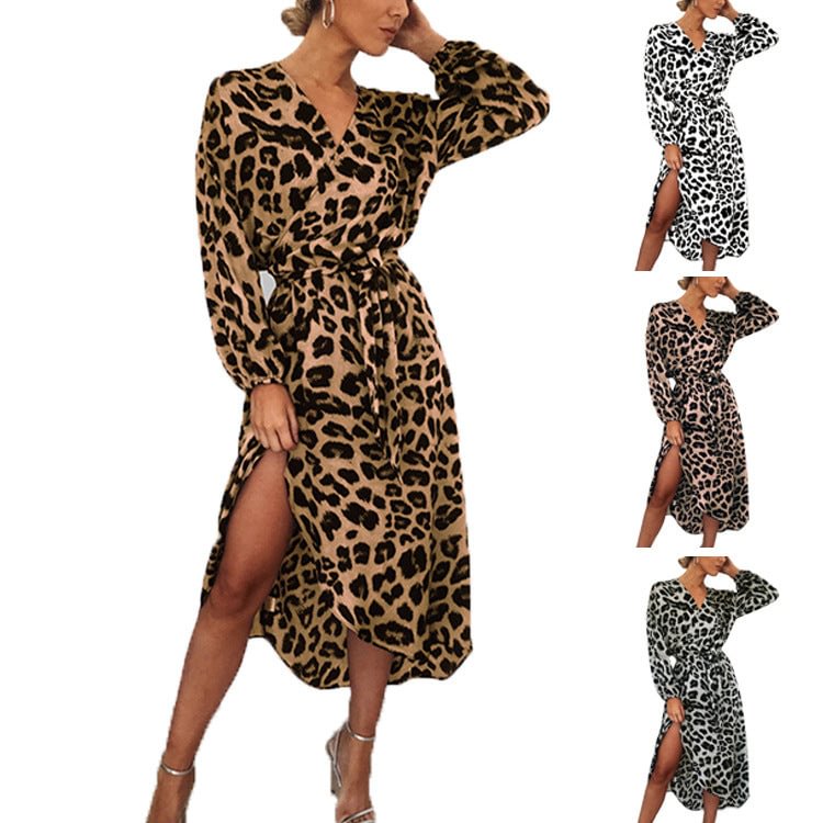 Spring Women's Clothes Sexy V-neck Leopard Print Long Sleeve Chiffon Dress For Women