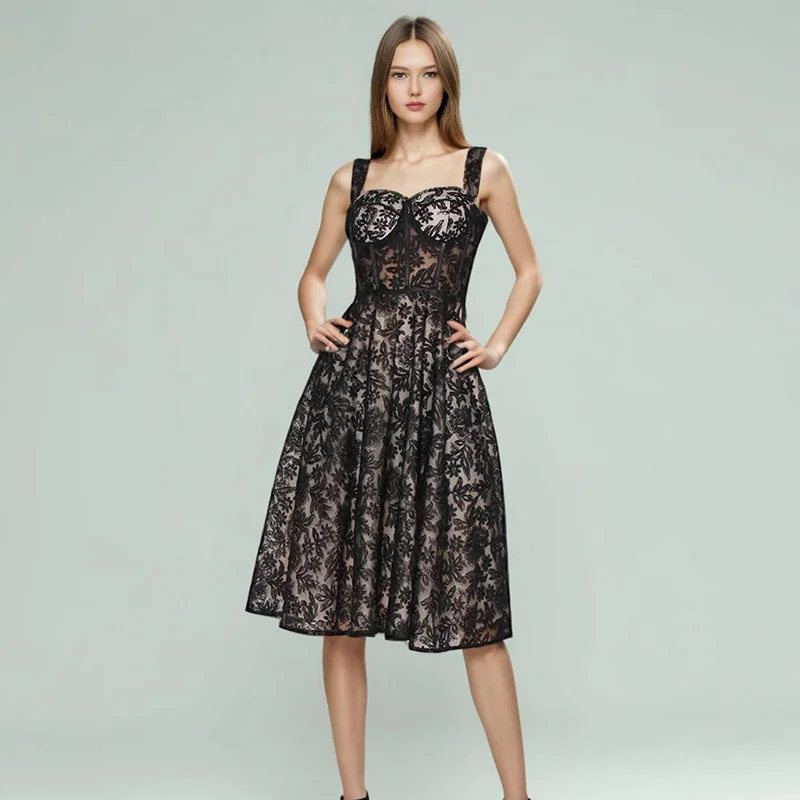 Zingj Spring 2025 New Fashion Sexy Mesh Embroidery Design Fish Bone Collection Waist Thin Lace Sling Dress Woman