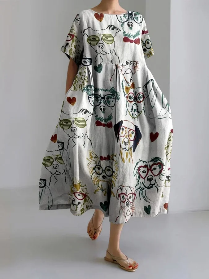 Women's Dogs In Glasses Print Short Sleeve Casual Dress