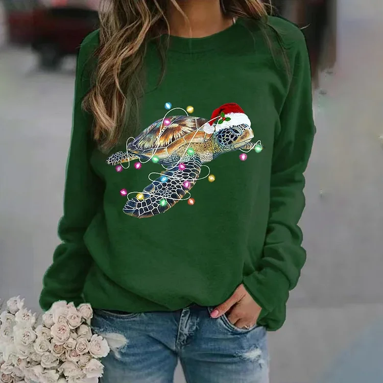 VChics Merry Christmas Sea Turtle Print Long Sleeve Casual Sweatshirt