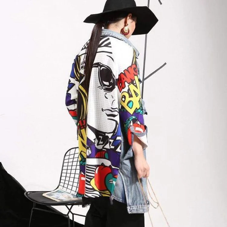 Brownm Brownm New Women's Jeans Windwear Fashion Style Like Creative Pattern Splicing Loose Washing Denim Jacket