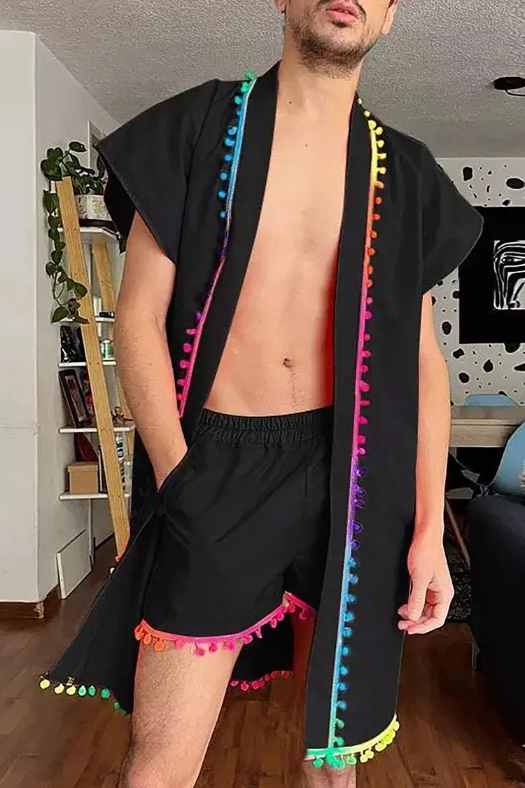 Unisex Rainbow Style Beachwear Kimono Shorts Casual Two Piece Sets