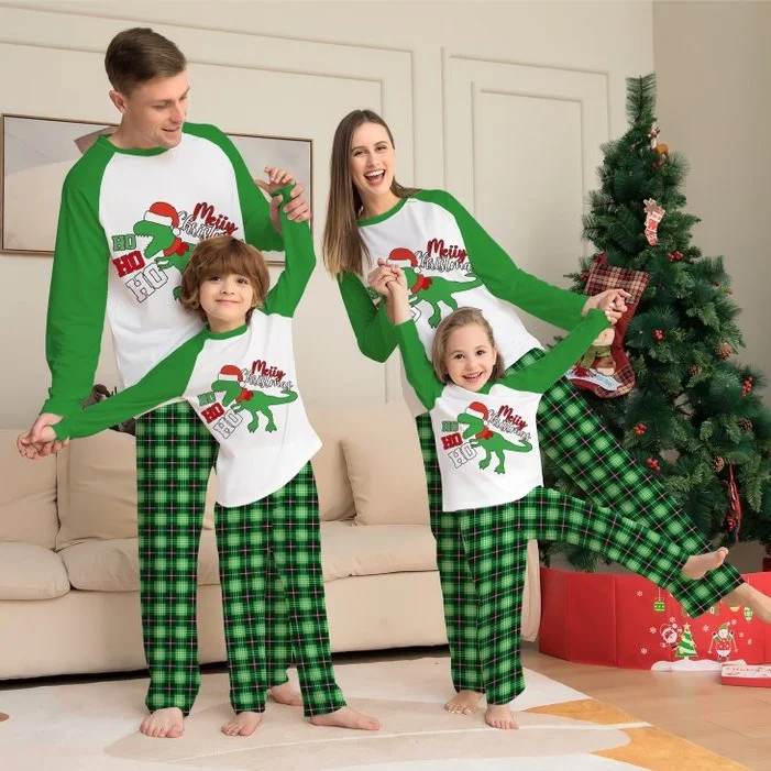 Cartoon Dinosaur 'Ho Ho Ho' Print Christmas Family Matching Pajamas