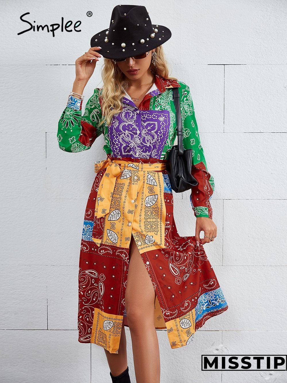 V-neck long sleeves lace up buttons floral beach maxi shirt dress women Holiday split sash dresses Print loose vestidos