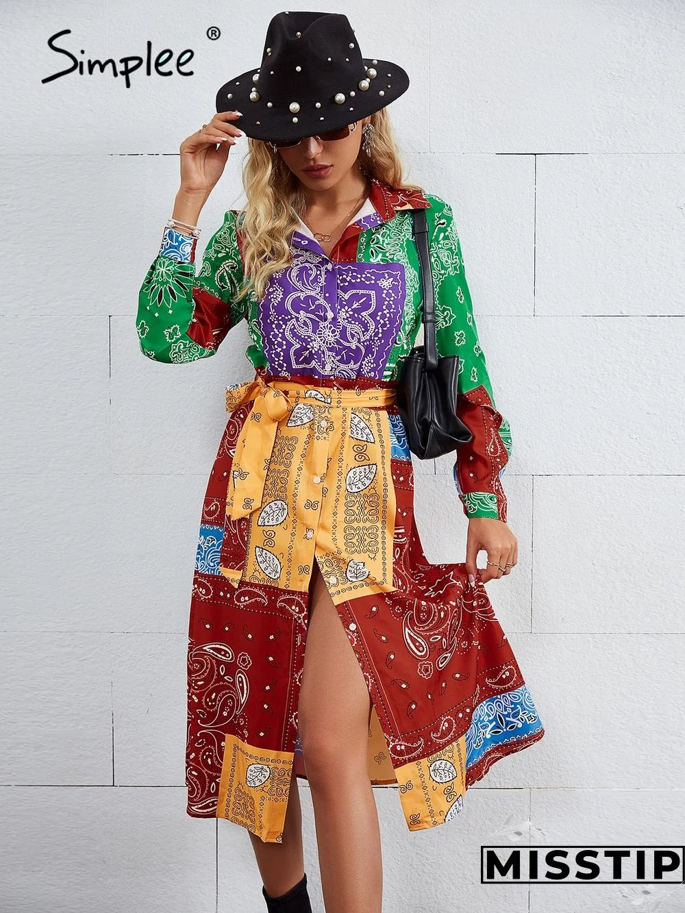 V-neck long sleeves lace up buttons floral beach maxi shirt dress women Holiday split sash dresses Print loose vestidos