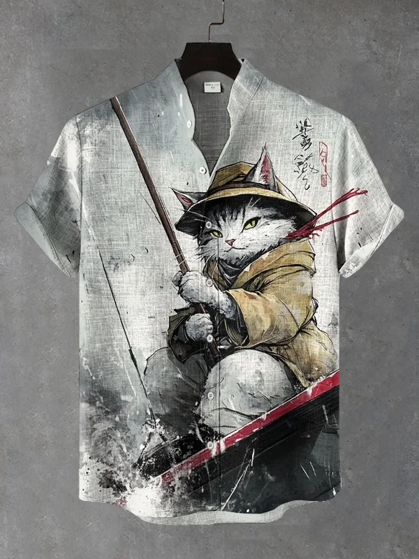 Men's Cat Fishing At Sea Print Short Sleeve Shirt