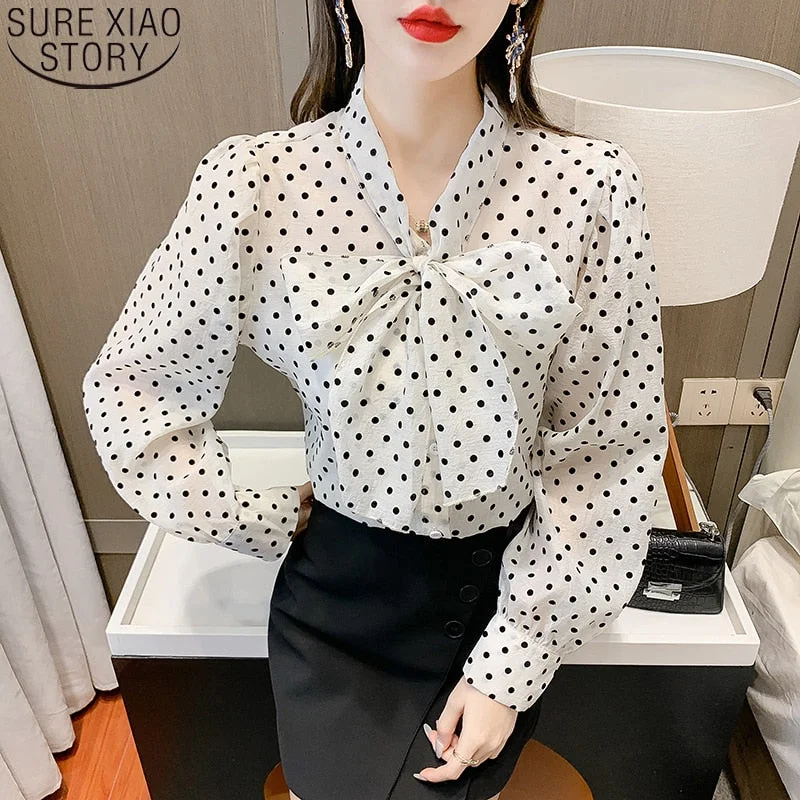 2022Autumn New Fashion Bow Tops Vintage Blouse Women Dot Chiffon Shirt Long Puff Sleeve Shirt Casual Loose Clothes Blusas 16890