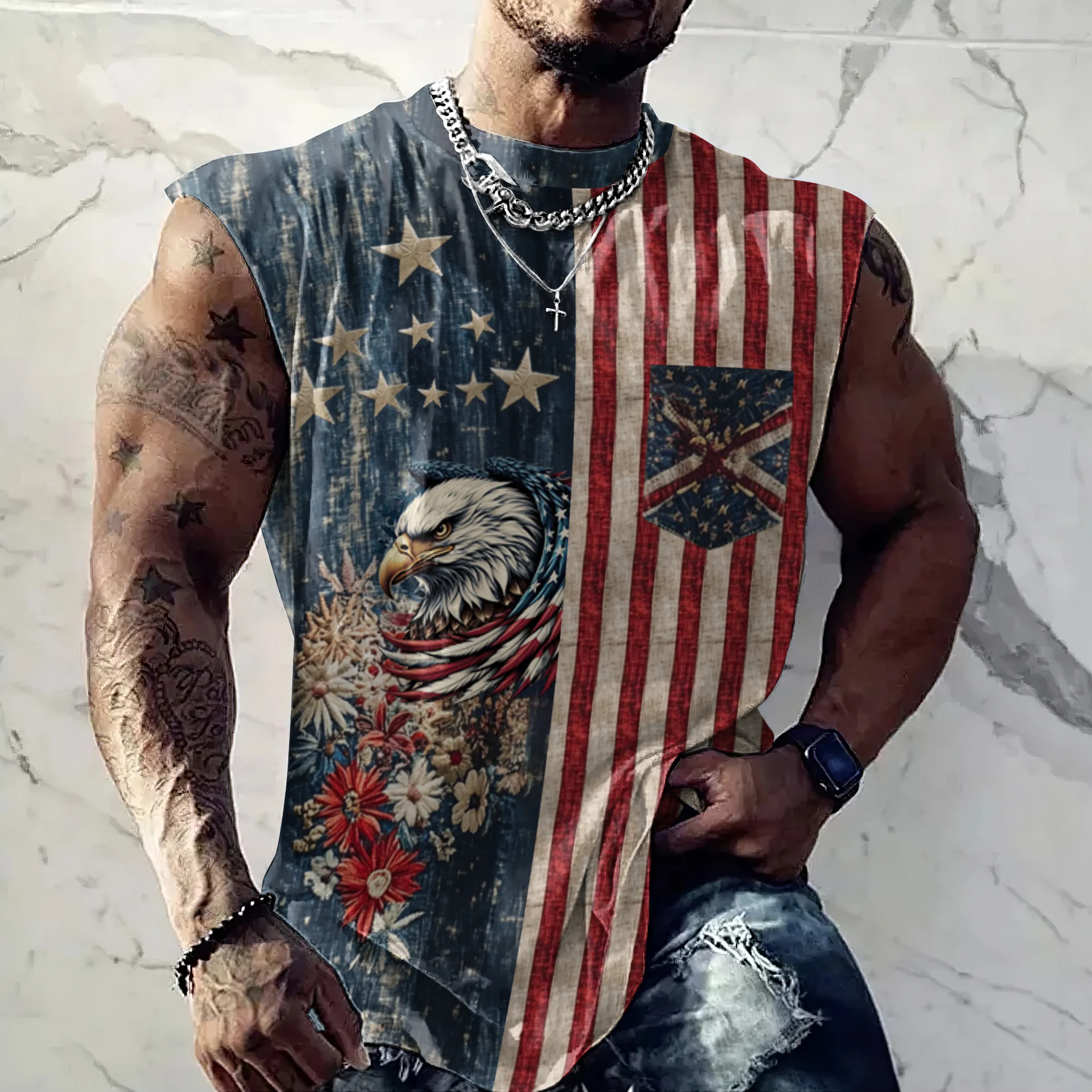 Men's American Flag And Eagle Pattern Independence Day Contrast Patchwork Vintage Cozy Tank Top Westsshops