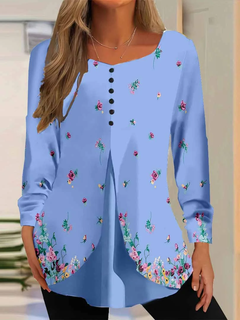 Women Floral,Blue DZGG8314 Long Sleeve Scoop Neck Printed Graphic Button Fake 2in1 Tops