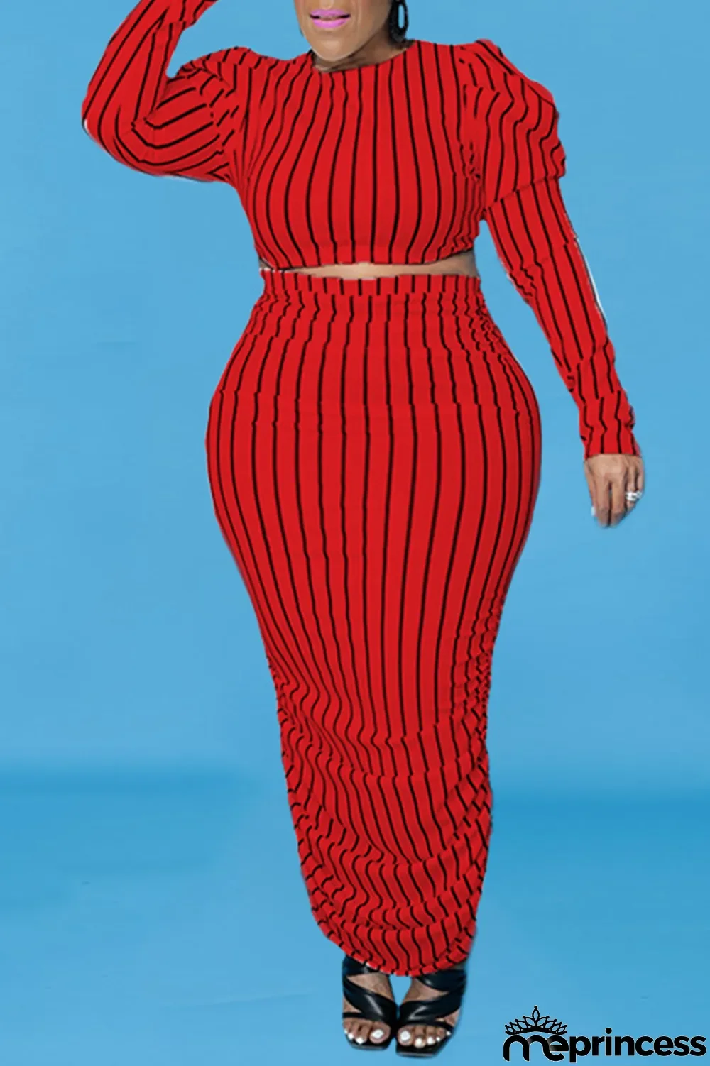 Yellow Casual Striped Split Joint O Neck Pencil Skirt Plus Size Two Pieces