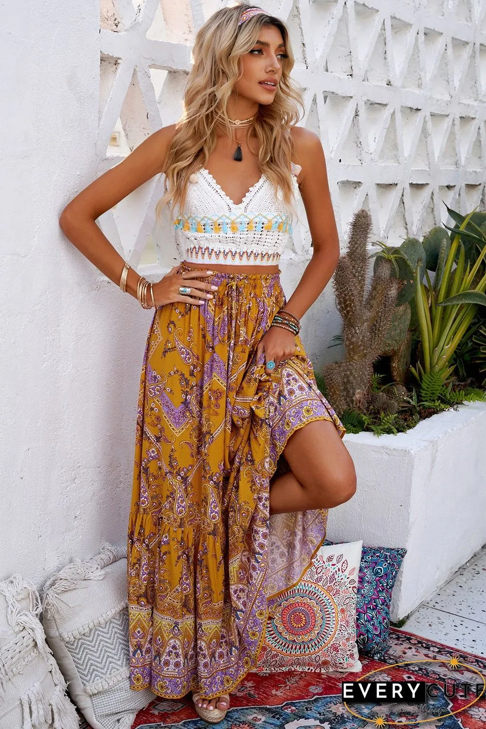 Orange Boho Floral Print Ruffled Elastic High Waist Maxi Skirt