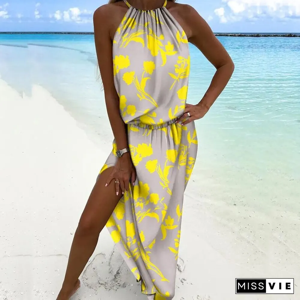 Sexy Halter Neck Off Shoulder Long Beach Dress Ladies Summer Fashion Boho Print Women