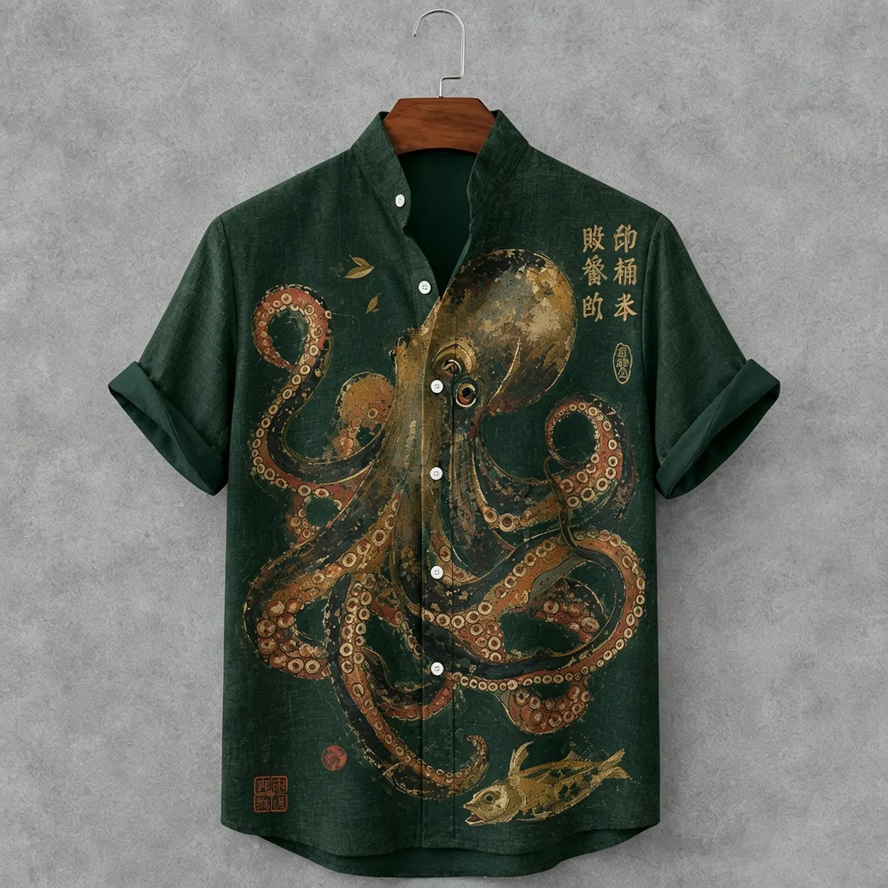 Men's Retro Japanese Octopus Art Print Short Sleeve Casual Shirt  artssus