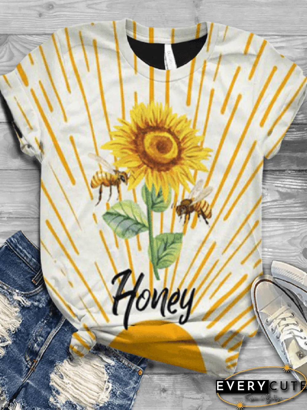 Women Short Sleeve Floral-Print Crew Neck Casual T-shirt