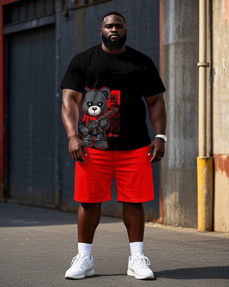 Big Men's Hip Hop Cartoon Soldier Bear Printed Street Casual Short Sleeve T-shirt Shorts Set