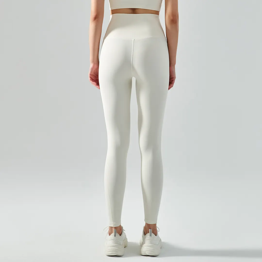 Hergymclothing Ivory White women's mid strength side cross widened waist tummy control moisture wicking traceless sports tight capri leggings for sale