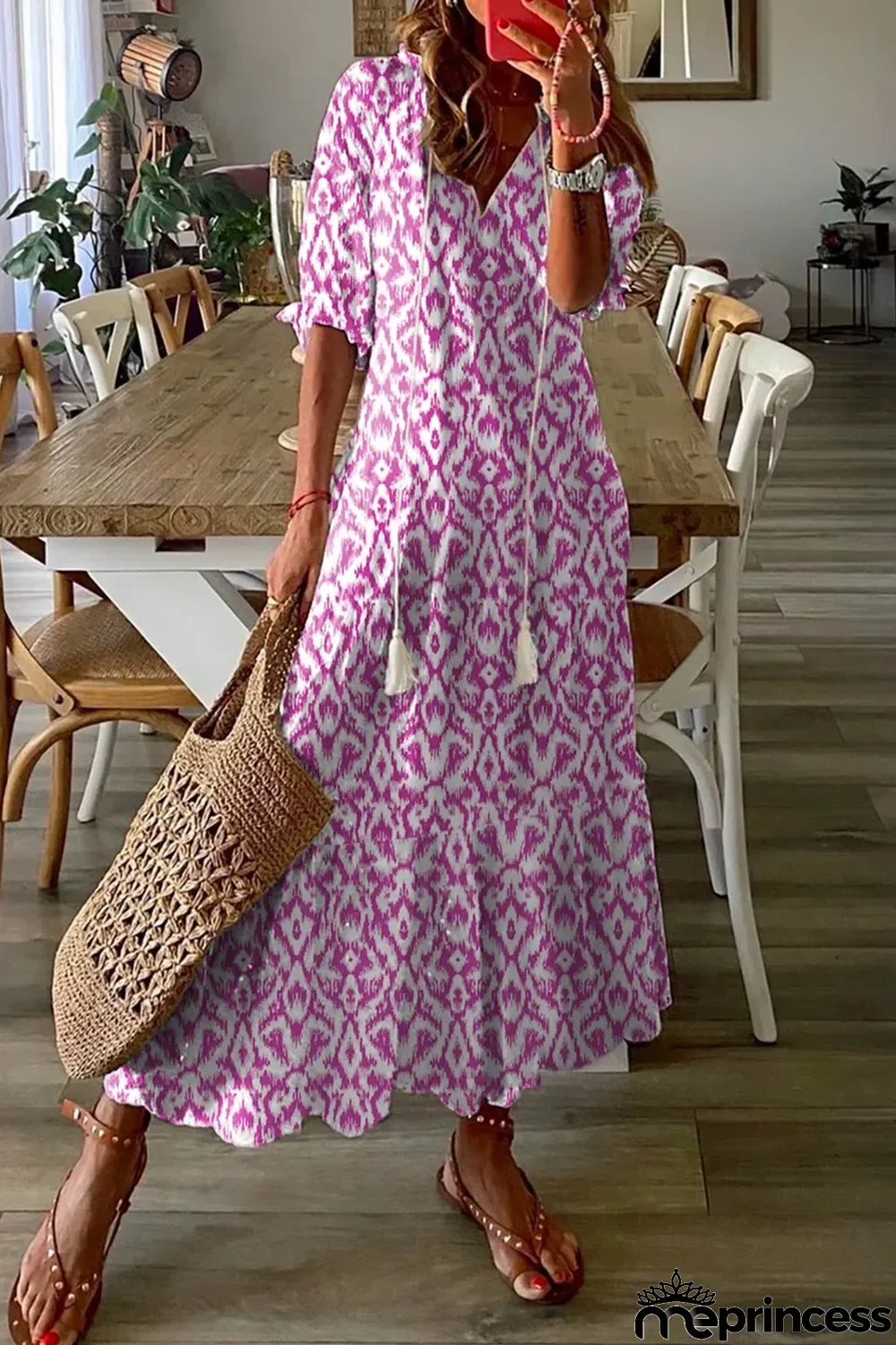 Pink V Neck Casual Geometric Print Maxi Dress