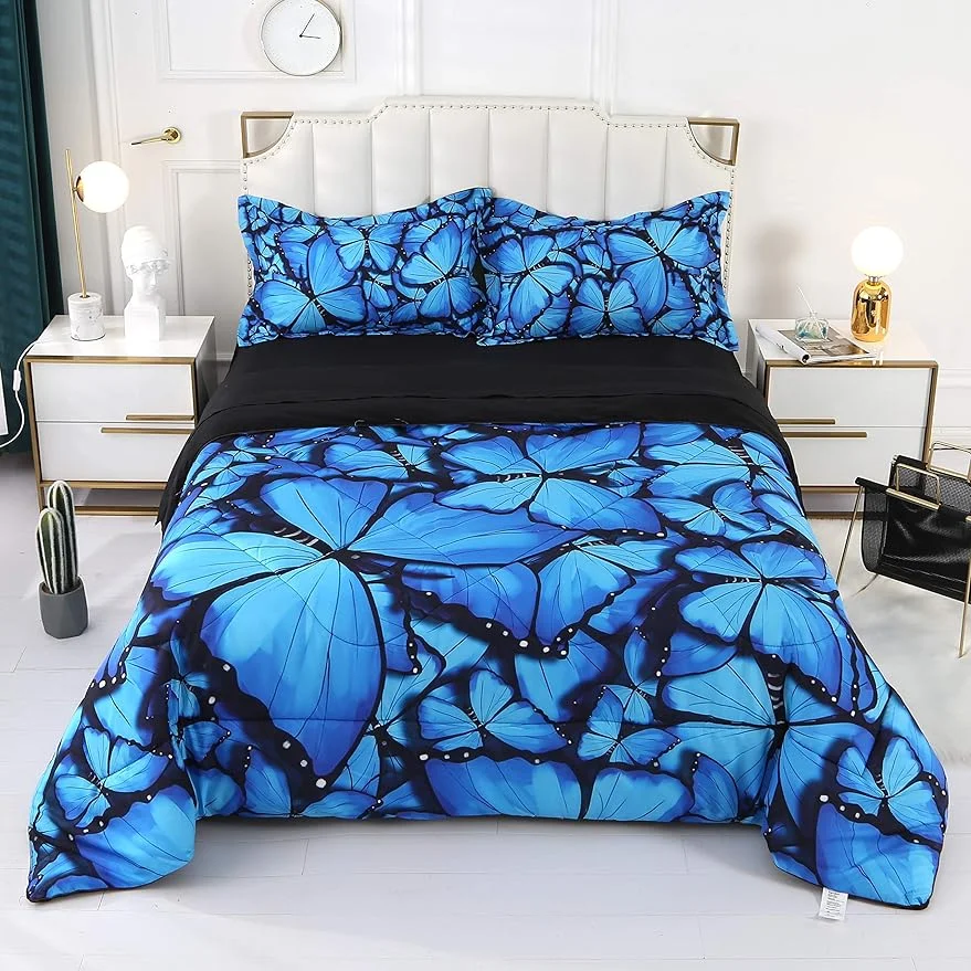 Butterfly Bedding Set for Girls Full Size, Premium 5 Piece 3D Butterfly Bed Set Blue, Comfortable and Breathable for Kids