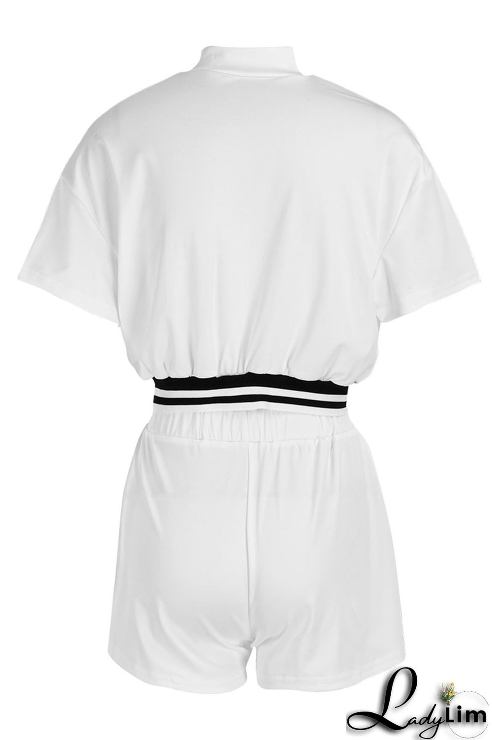 White Casual Patchwork Zipper Short Sleeve Two Pieces