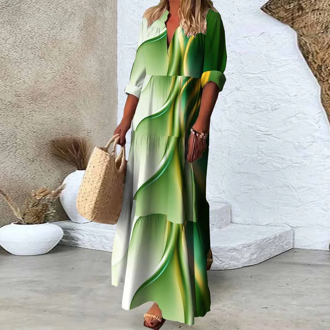 Women Texture, Green DZDN0698 SPU Printed Long Sleeve V-neck Maxi Dress