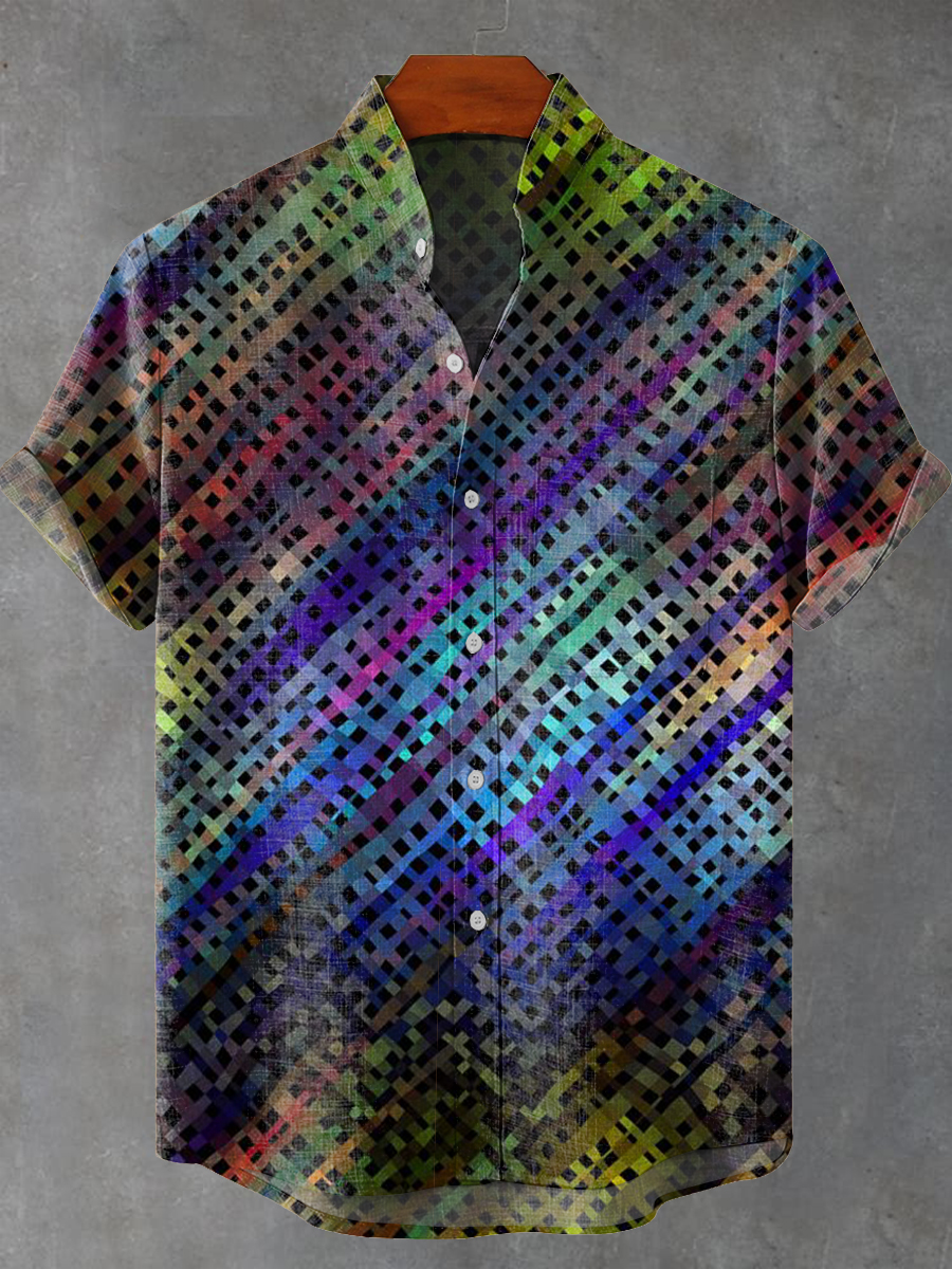 Vintage Abstract Colorful Plaid Art Print Casual 100% Cotton Shirt